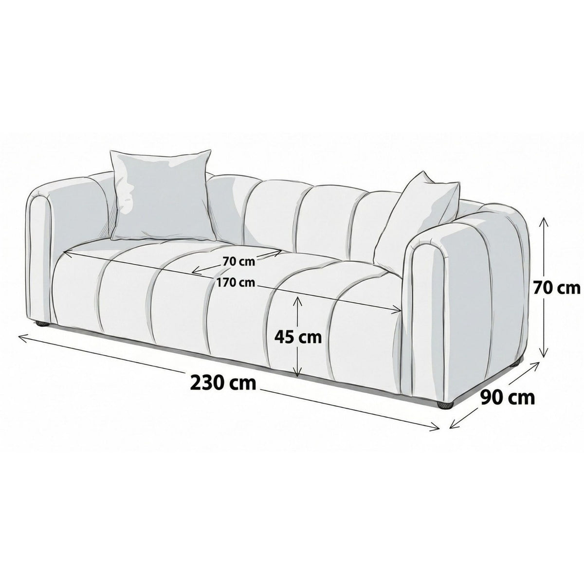 Braunes 3-Sitzer Sofa mit Boucle-Bezug, Hainbuche-Gestell, Kunststoffbeinen und zwei losen Kissen, fotografiert im Wohnraum.