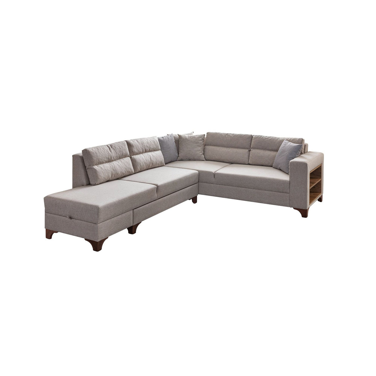 Cremefarbenes Eckschlafsofa T-Loft von Hanah Home mit Leinenstruktur-Stoffbezug, Kunststoffbeinen und acht dekorativen Kissen.