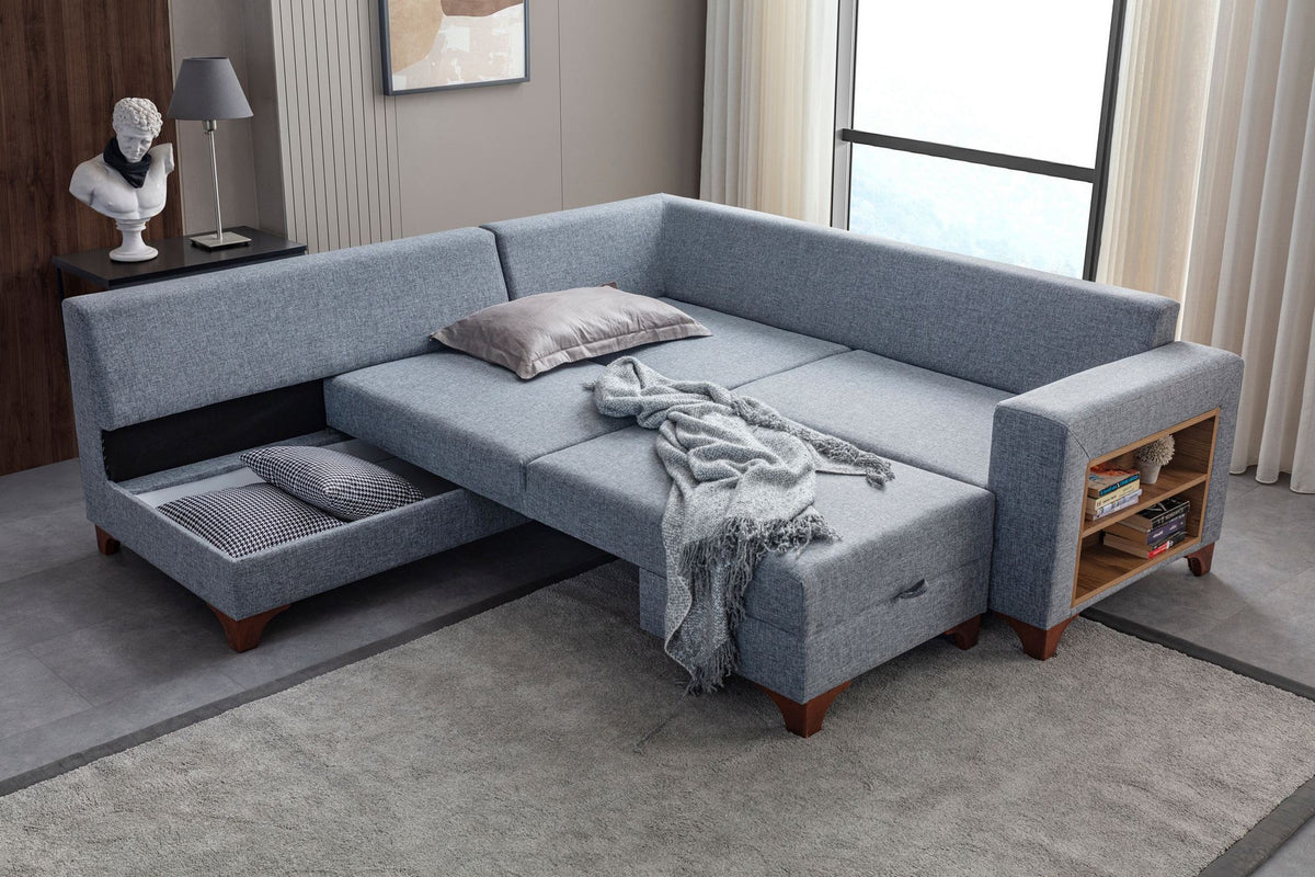 Graues Eckschlafsofa T-Loft mit Polyesterbezug in Leinenstruktur, Holzgestell, abnehmbarem Rückenkissen und mehreren Kissen.