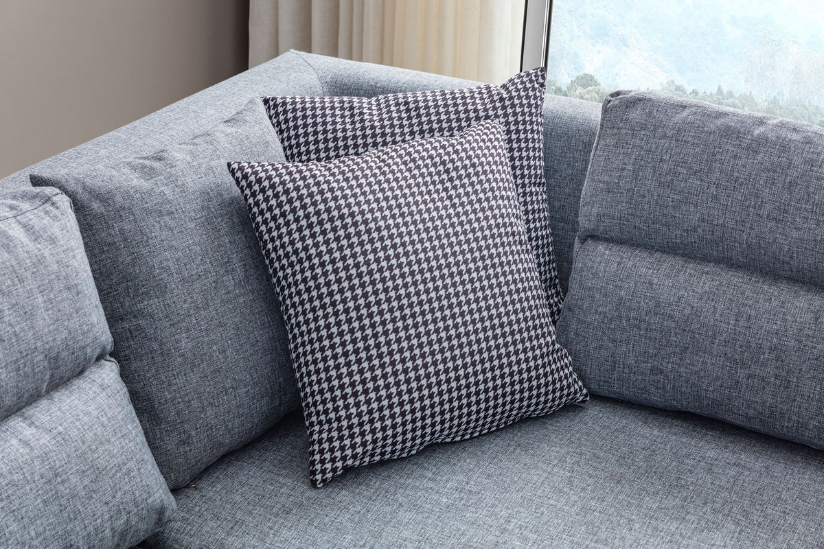 Graues Eckschlafsofa T-Loft mit Polyesterbezug in Leinenstruktur, Holzgestell, abnehmbarem Rückenkissen und mehreren Kissen.