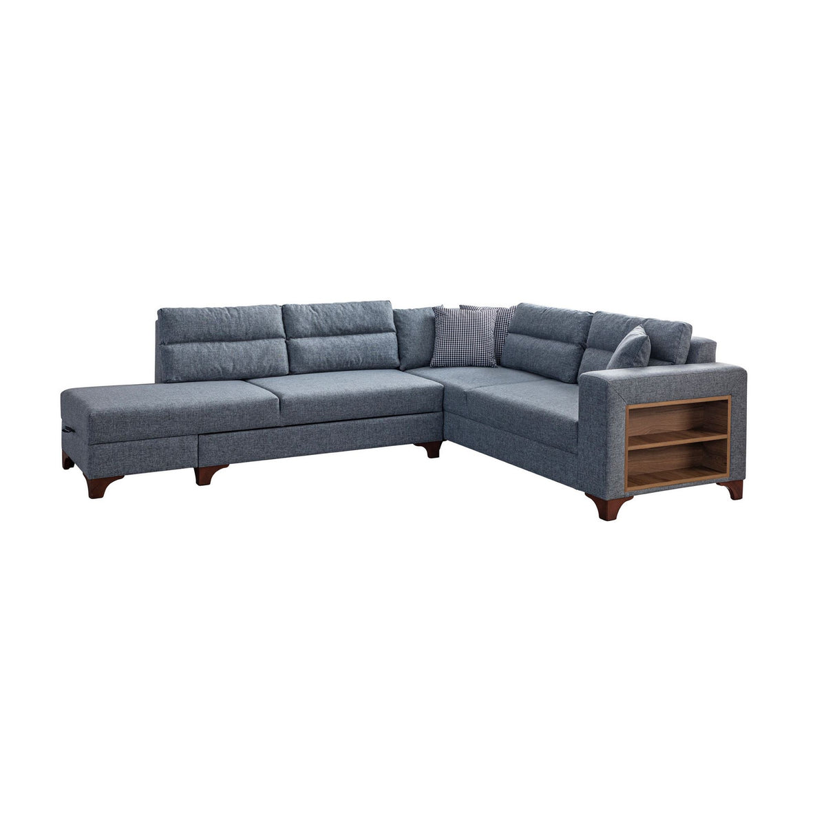 Graues Eckschlafsofa T-Loft mit Polyesterbezug in Leinenstruktur, Holzgestell, abnehmbarem Rückenkissen und mehreren Kissen.
