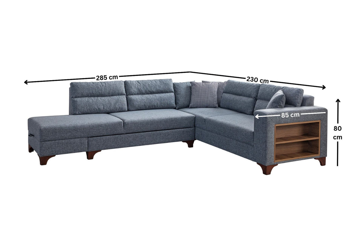 Graues Eckschlafsofa T-Loft mit Polyesterbezug in Leinenstruktur, Holzgestell, abnehmbarem Rückenkissen und mehreren Kissen.