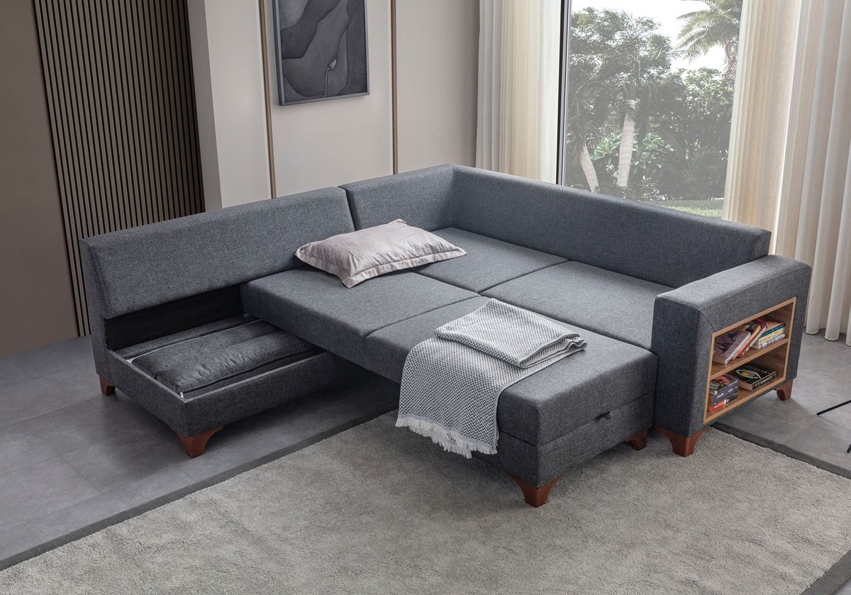 Eckschlafsofa T-Loft rechts in Anthrazit von Hanah Home, Stoffbezug mit Leinenstruktur, Kunststoffbeine, inklusive acht Kissen.