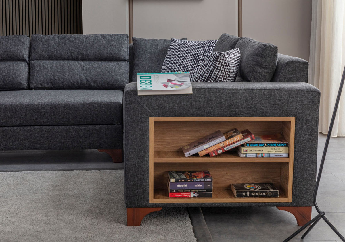 Eckschlafsofa T-Loft rechts in Anthrazit von Hanah Home, Stoffbezug mit Leinenstruktur, Kunststoffbeine, inklusive acht Kissen.
