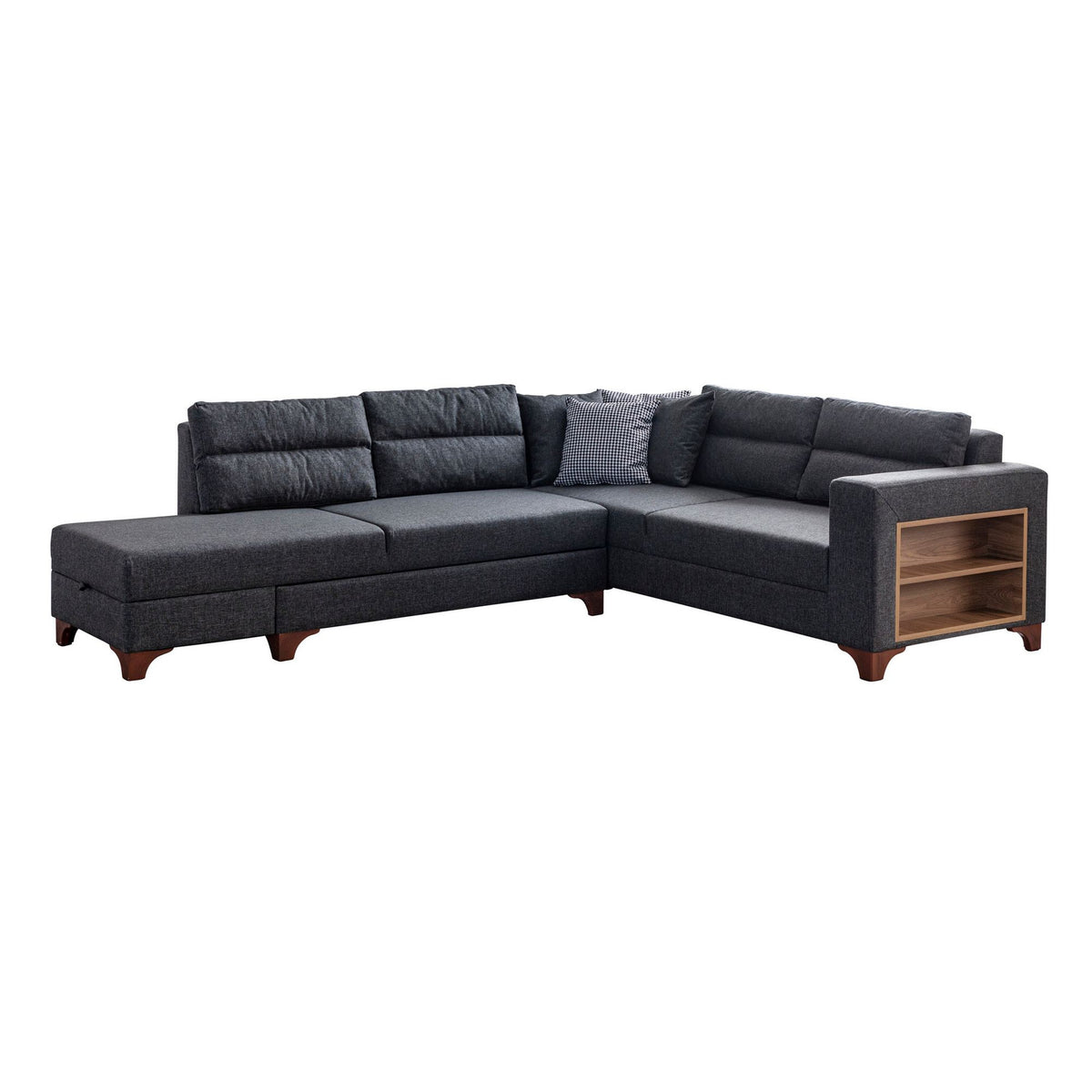 Eckschlafsofa T-Loft rechts in Anthrazit von Hanah Home, Stoffbezug mit Leinenstruktur, Kunststoffbeine, inklusive acht Kissen.