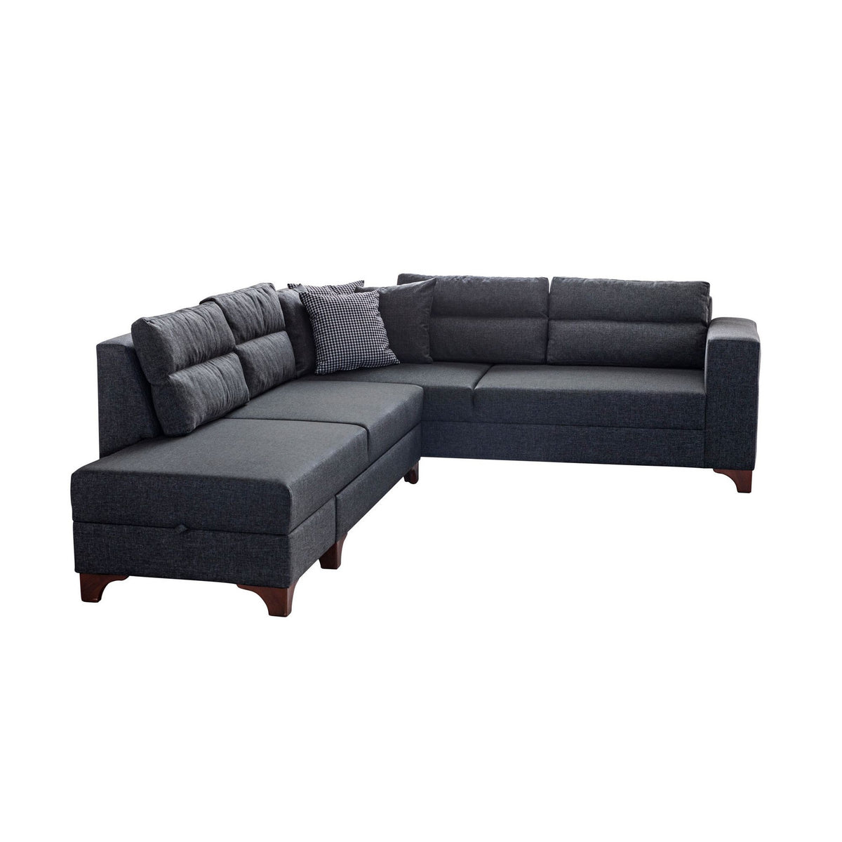 Eckschlafsofa T-Loft rechts in Anthrazit von Hanah Home, Stoffbezug mit Leinenstruktur, Kunststoffbeine, inklusive acht Kissen.