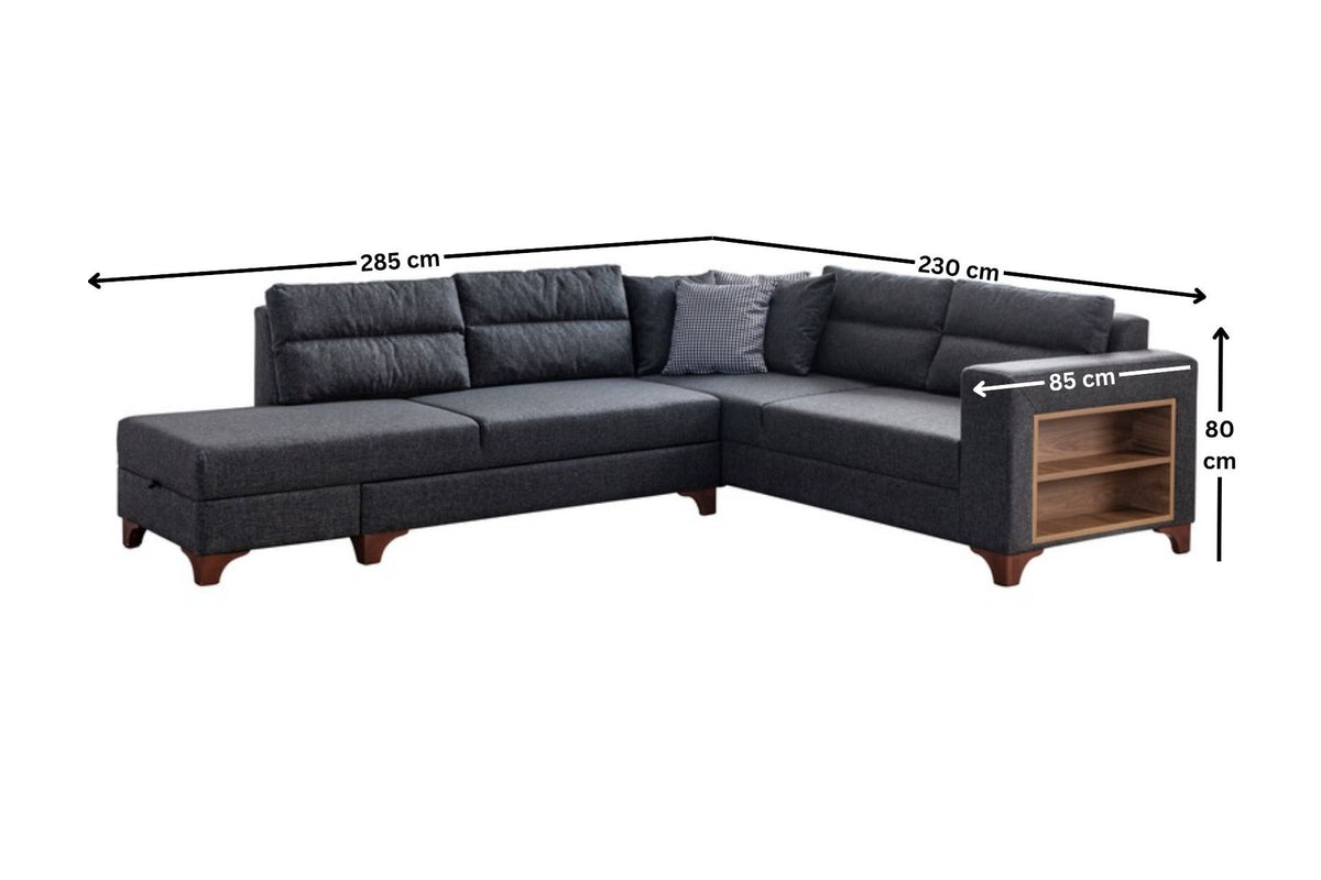 Eckschlafsofa T-Loft rechts in Anthrazit von Hanah Home, Stoffbezug mit Leinenstruktur, Kunststoffbeine, inklusive acht Kissen.