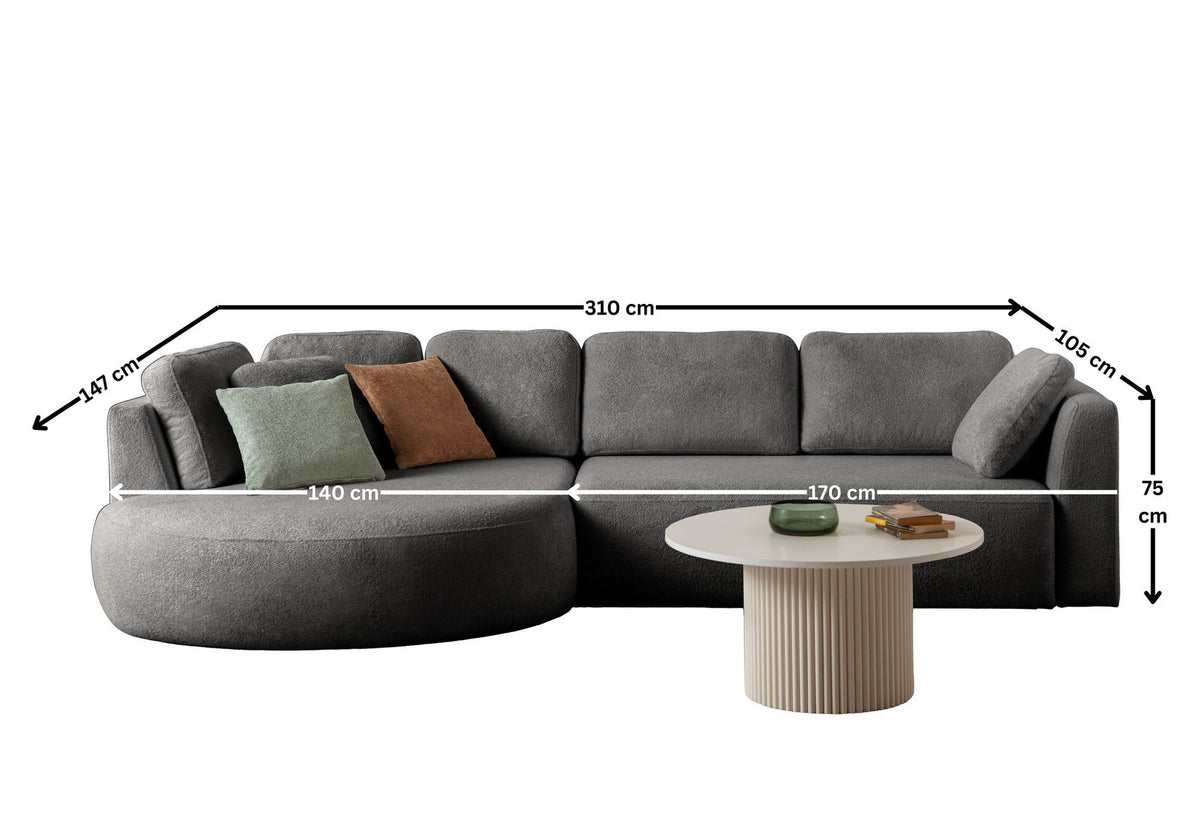 Anthrazitfarbenes Ecksofa Venezia links mit Lounge-Modul, 2-Sitzer-Modul, Kunststoffbeinen und neun Kissen, Polyesterstoff.