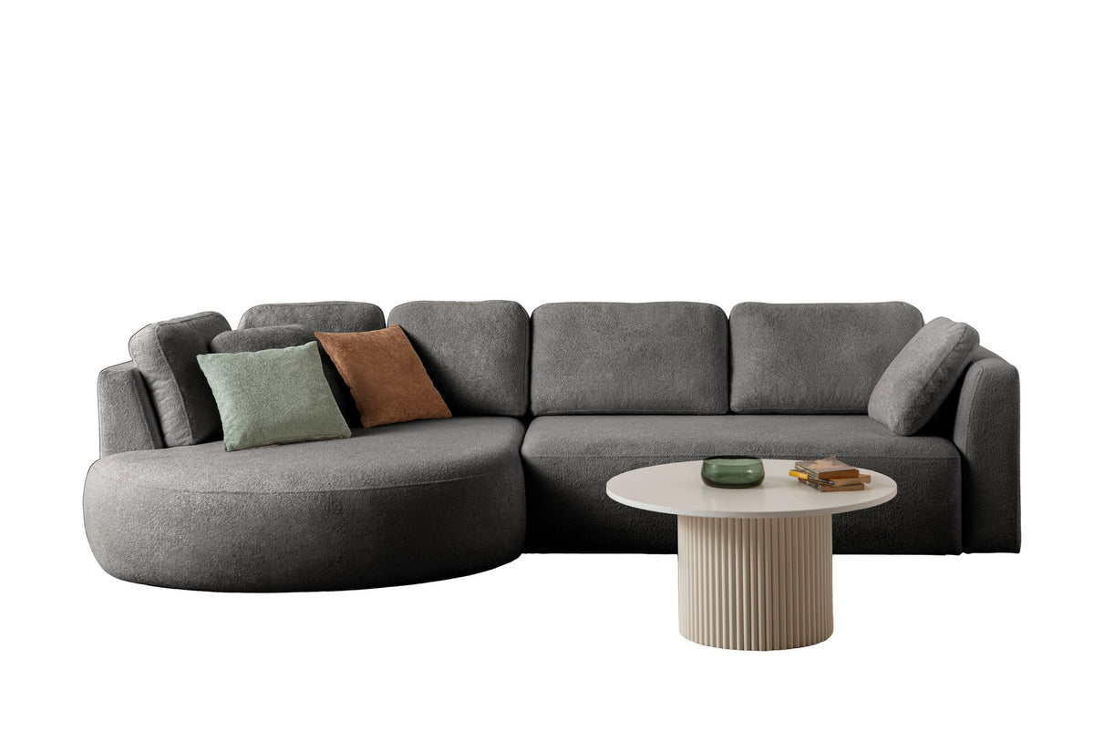 Anthrazitfarbenes Ecksofa Venezia links mit Lounge-Modul, 2-Sitzer-Modul, Kunststoffbeinen und neun Kissen, Polyesterstoff.