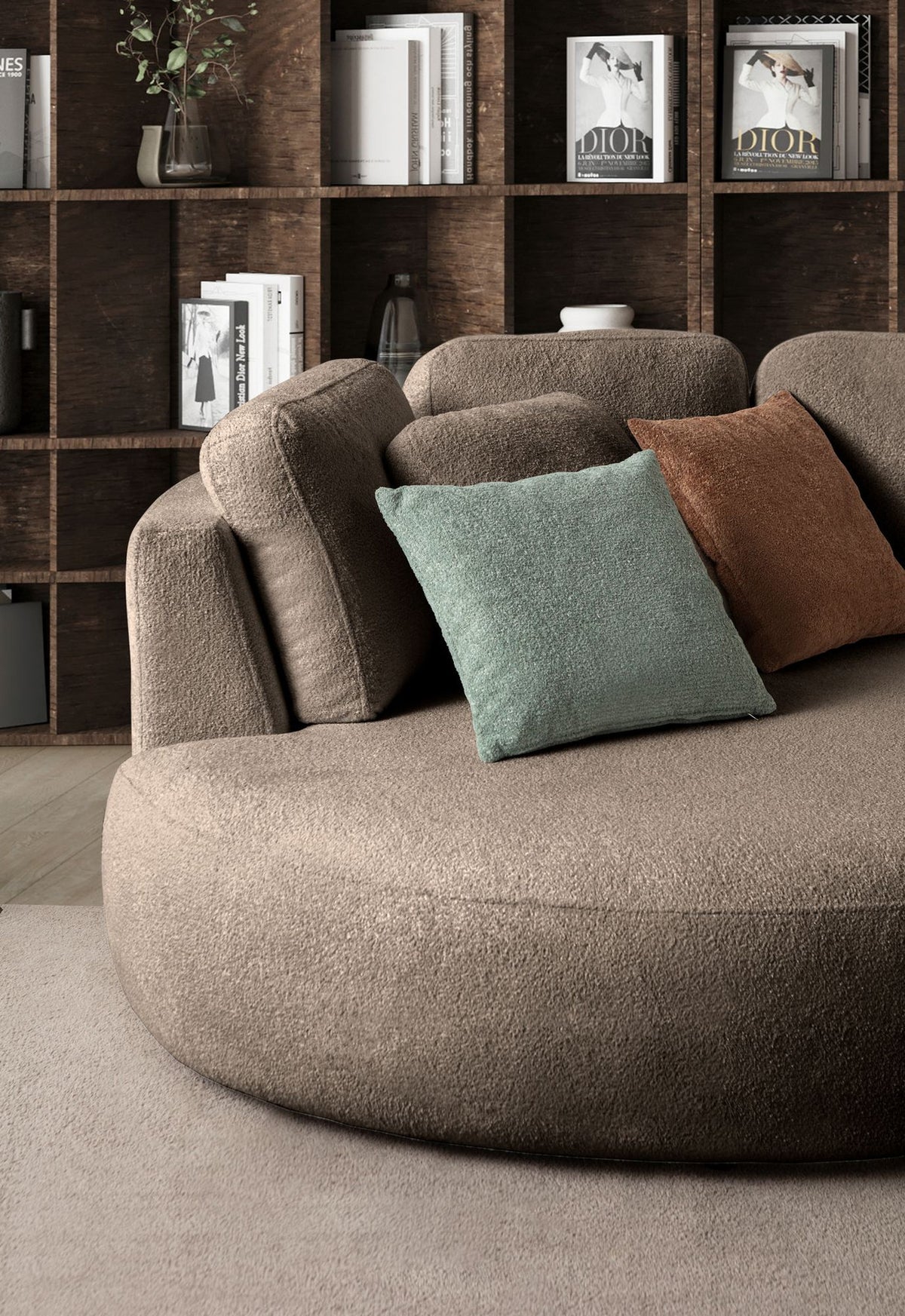 Dunkelbraunes Ecksofa Venezia mit Polyesterstoff, Kunststoffbeinen und neun Kissen, Eckform links, Loungemodul und 2-Sitzer-Modul kombiniert.