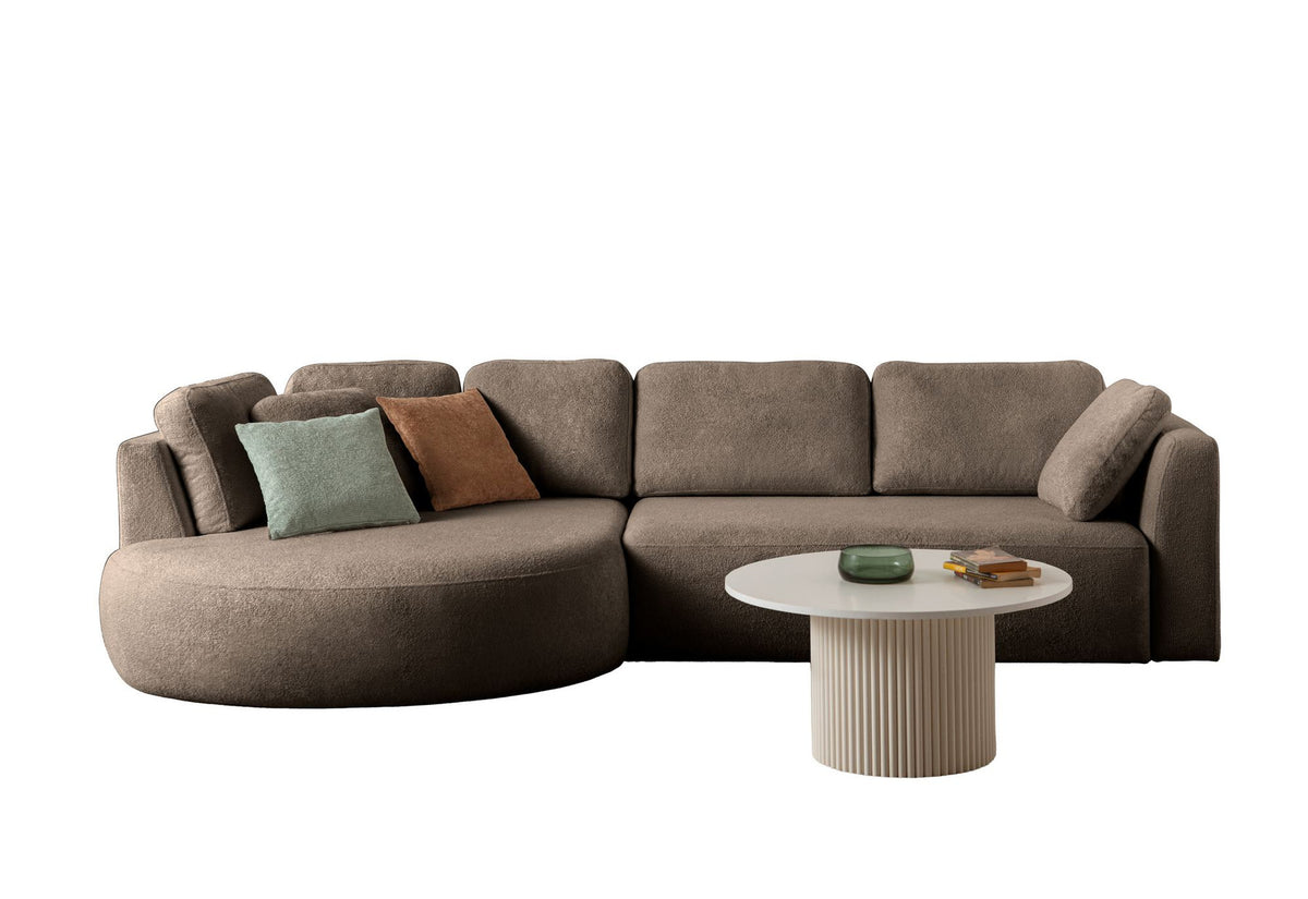 Dunkelbraunes Ecksofa Venezia mit Polyesterstoff, Kunststoffbeinen und neun Kissen, Eckform links, Loungemodul und 2-Sitzer-Modul kombiniert.