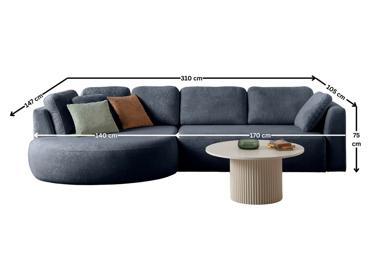 Marineblaues Ecksofa Venezia mit Polyesterbezug, Hainbuchen-Gestell, Kunststoffbeinen und neun losen Kissen, Loungemodul links.