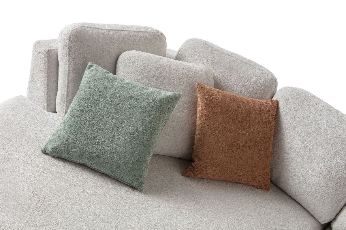 Weisses Ecksofa Venezia von Hanah Home mit Polyesterbezug, Kunststoffbeinen und abnehmbarem Rückenkissen, Eckmodul links.
