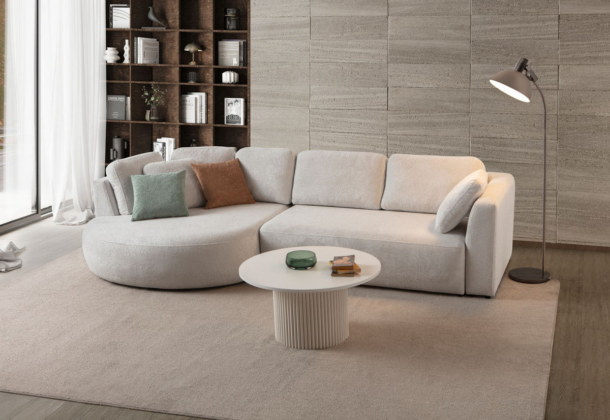 Weisses Ecksofa Venezia von Hanah Home mit Polyesterbezug, Kunststoffbeinen und abnehmbarem Rückenkissen, Eckmodul links.