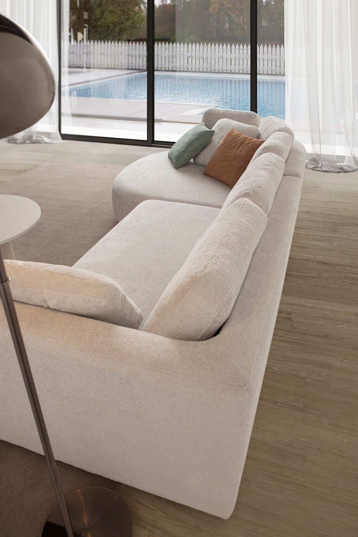 Weisses Ecksofa Venezia von Hanah Home mit Polyesterbezug, Kunststoffbeinen und abnehmbarem Rückenkissen, Eckmodul links.