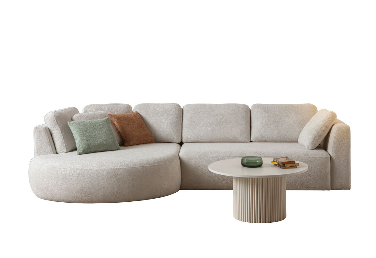Weisses Ecksofa Venezia von Hanah Home mit Polyesterbezug, Kunststoffbeinen und abnehmbarem Rückenkissen, Eckmodul links.