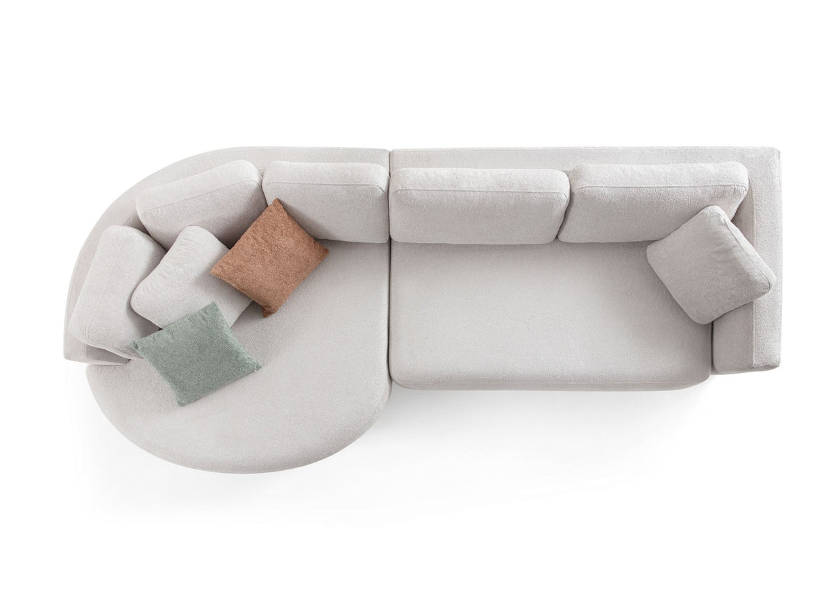 Weisses Ecksofa Venezia von Hanah Home mit Polyesterbezug, Kunststoffbeinen und abnehmbarem Rückenkissen, Eckmodul links.