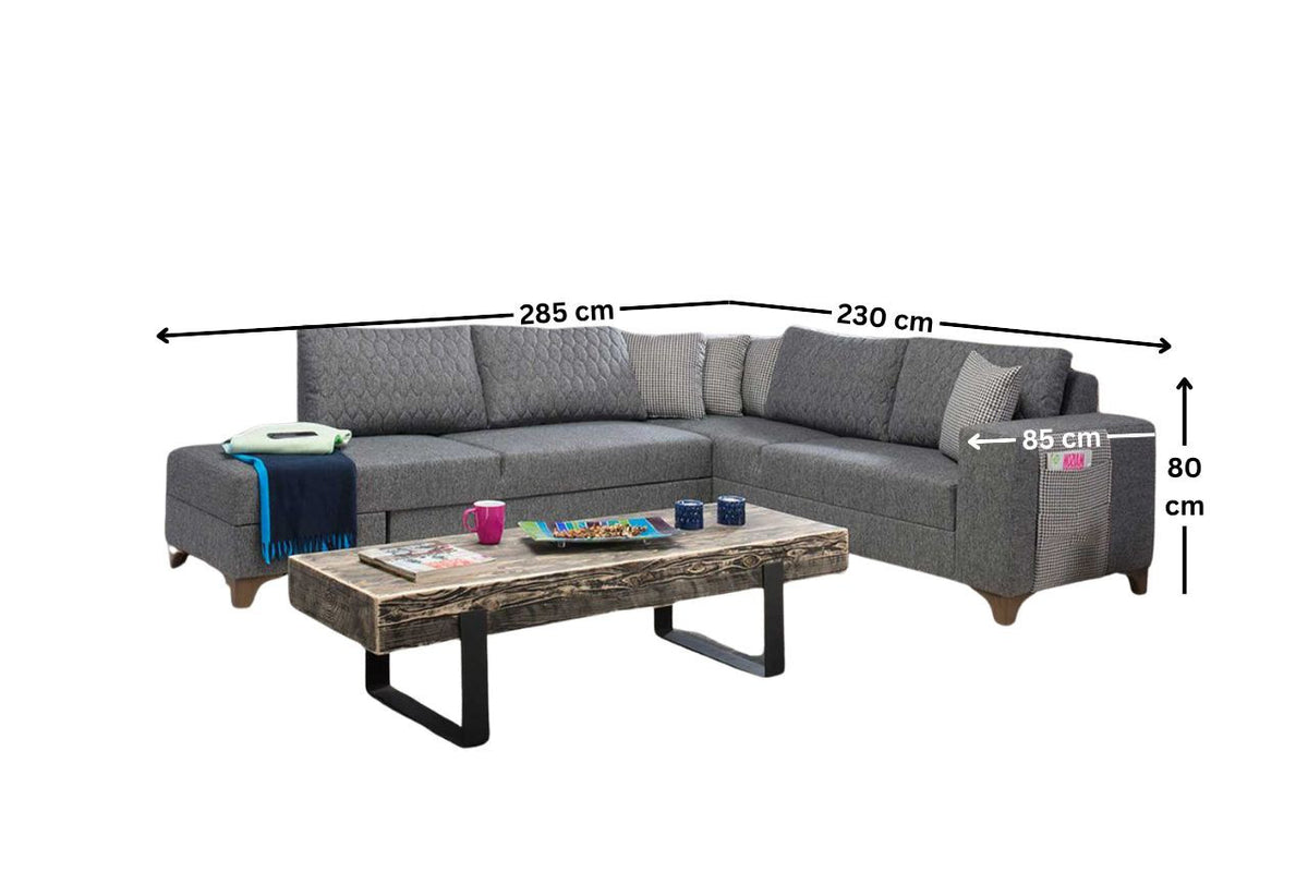 Graues Eckschlafsofa mit Leinenstruktur-Polyesterbezug, Holzgestell und Kunststoffbeinen, inklusive acht Kissen und abnehmbarem Rückenkissen.
