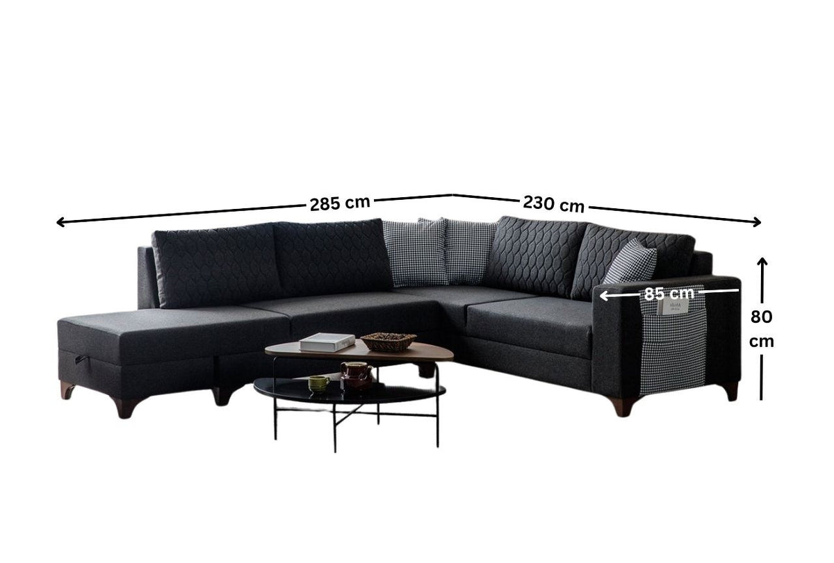 Eckschlafsofa links in Anthrazit von Hanah Home mit Leinenstruktur-Bezug, Kunststoffbeinen und acht Kissen im Wohnraum.