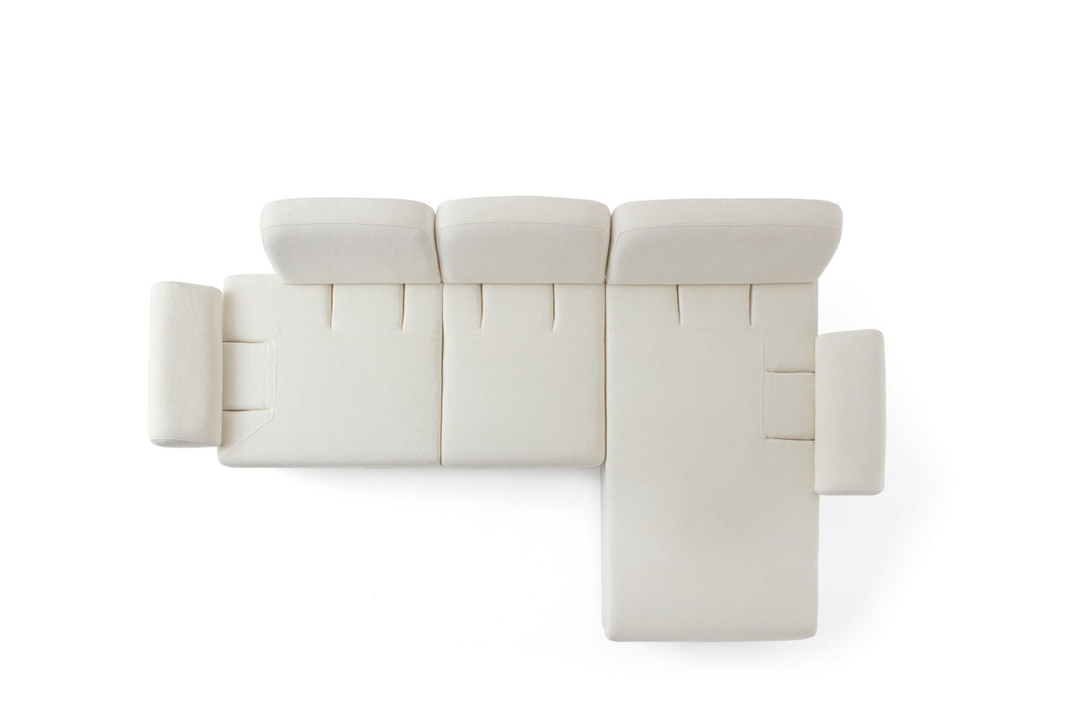 Weisses Eck-Schlafsofa Aries mit Coco-Boucle-Stoff, Holzbeinen und verstellbarer Rückenlehne, rechte Ausführung, Hanah Home.