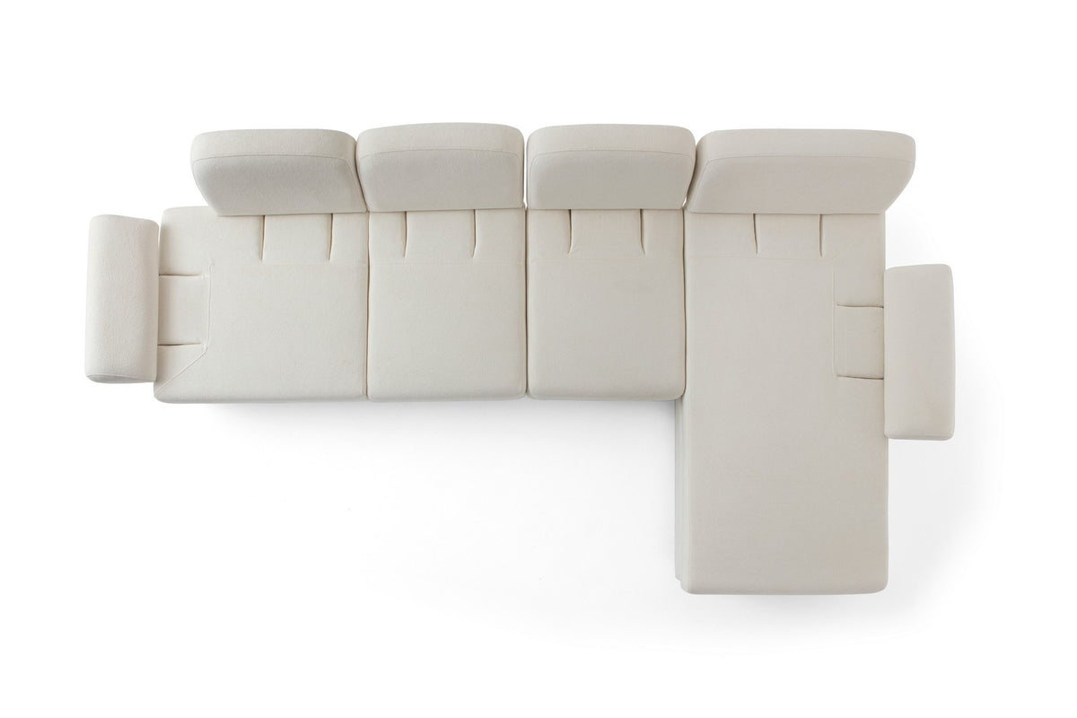 Weisses Eck-Schlafsofa Aries Relax Joker mit Coco-Boucle-Stoff, Holzbeinen und integrierter Aufbewahrungstruhe, rechte Ausführung, Ansicht von vorne.