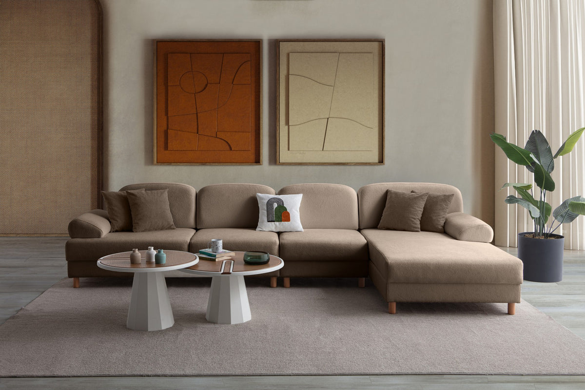 Braunes Eck-Schlafsofa Aries Relax Joker mit Coco-Boucle-Stoff, Holzbeinen und Aufbewahrungsbox, rechte Ausführung, von Hanah Home.