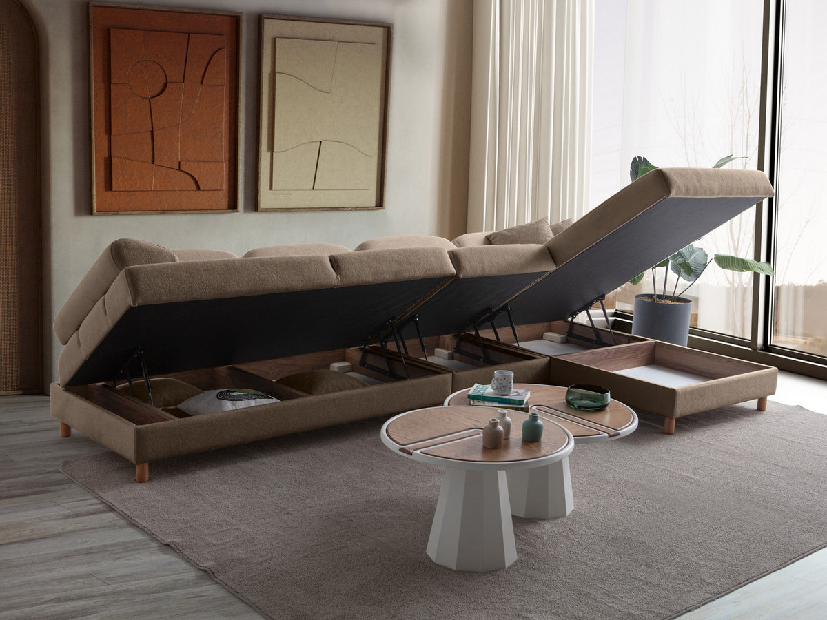 Braunes Eck-Schlafsofa Aries Relax Joker mit Coco-Boucle-Stoff, Holzbeinen und Aufbewahrungsbox, rechte Ausführung, von Hanah Home.