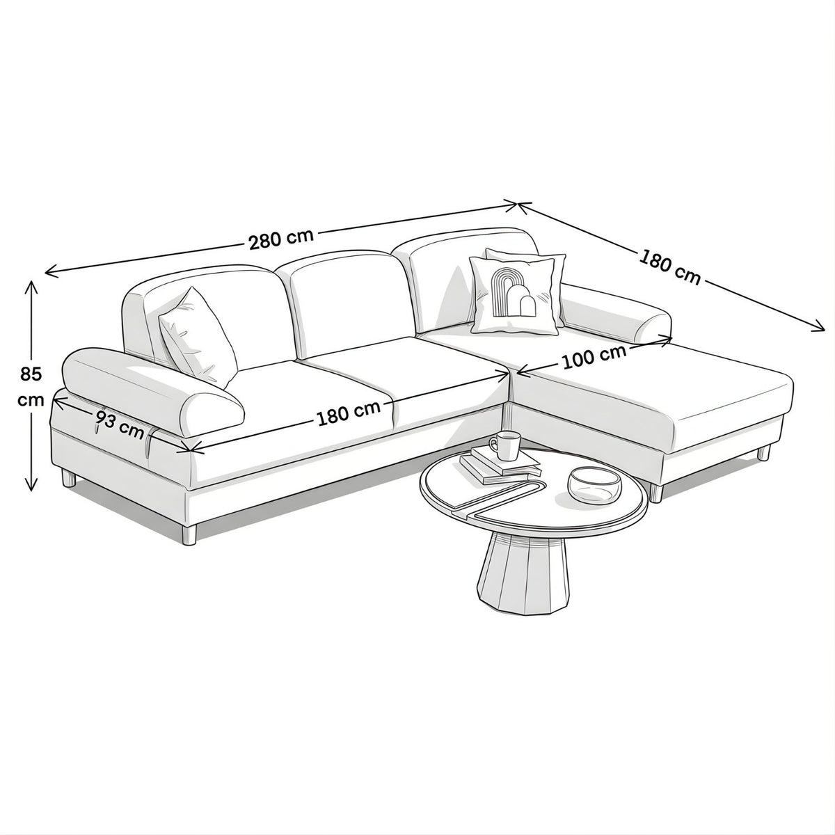 Eck-Schlafsofa Aries in Marineblau mit Coco-Boucle-Stoffbezug, Holzbeinen und Kissen, rechte Ausführung, Sitz- und Liegefläche sichtbar.