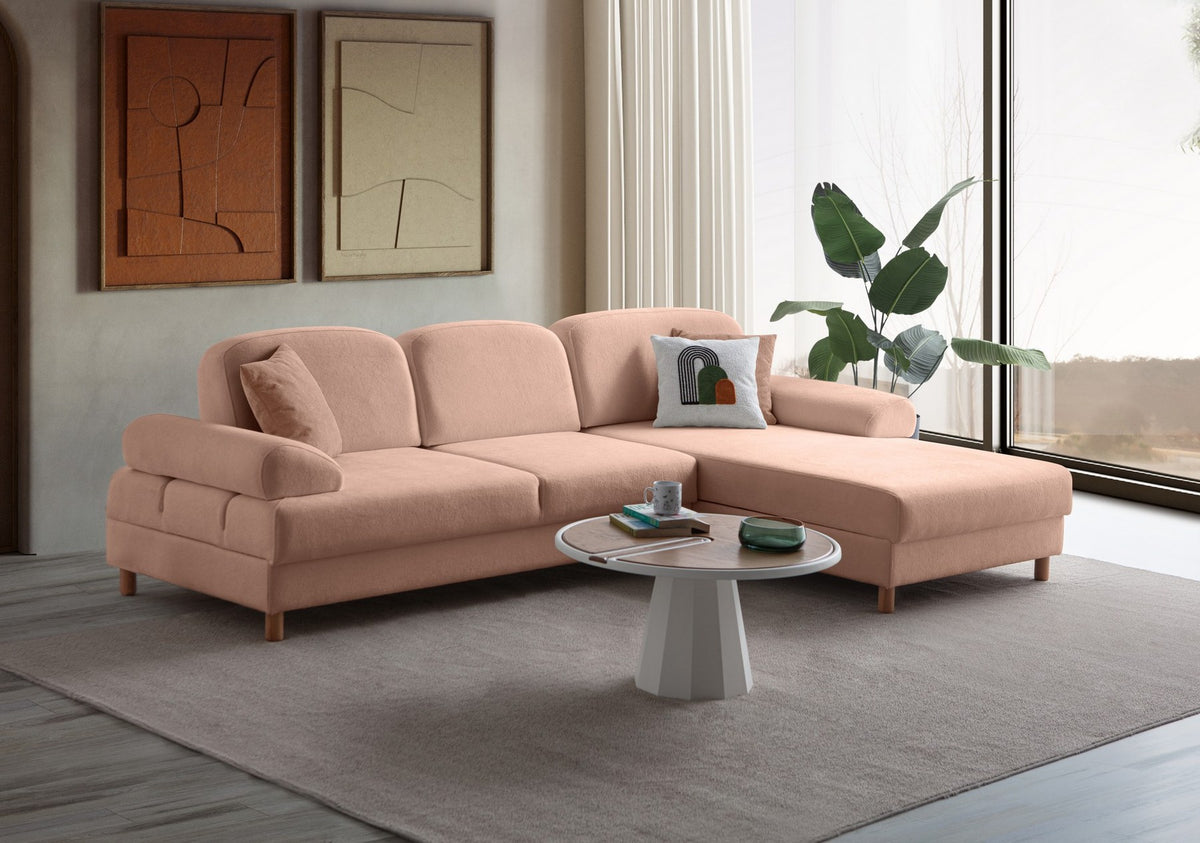 Eck-Schlafsofa Aries in Altrosa mit Coco-Boucle-Stoffbezug, Holzbeinen und ausklappbarer Liegefläche, rechte Ausführung.
