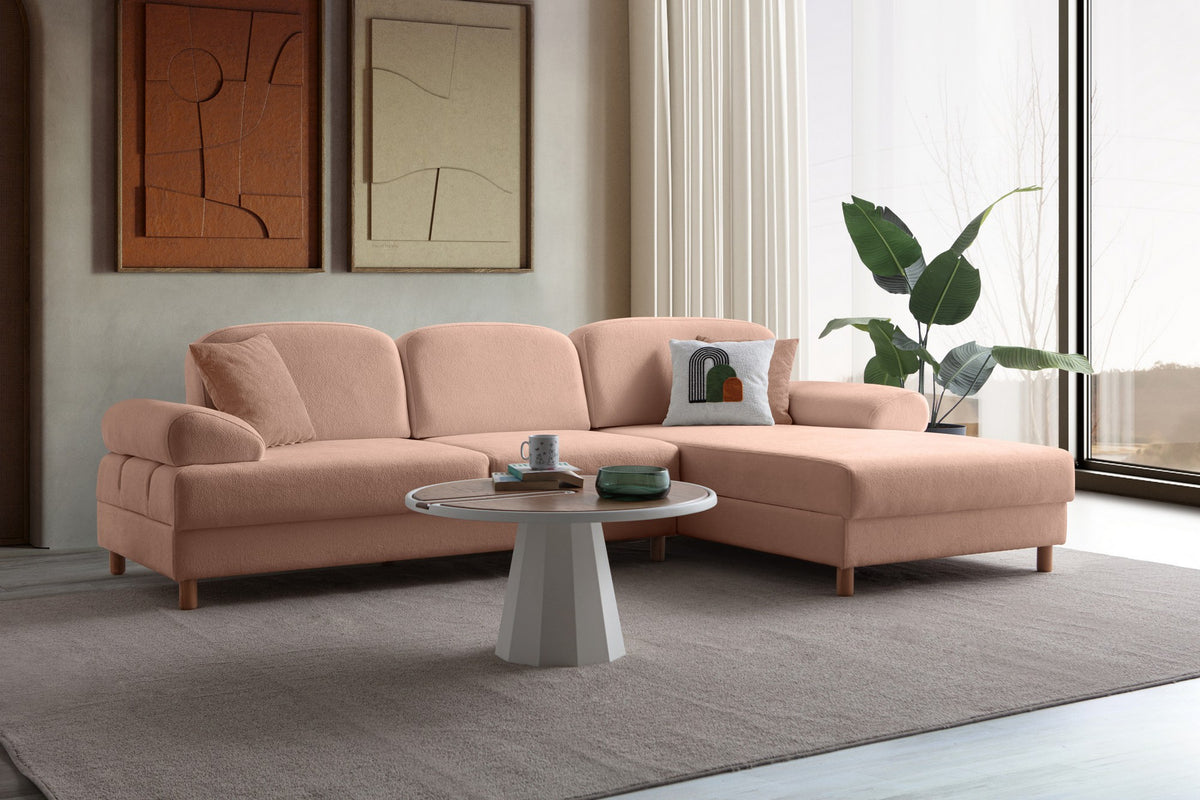 Eck-Schlafsofa Aries in Altrosa mit Coco-Boucle-Stoffbezug, Holzbeinen und ausklappbarer Liegefläche, rechte Ausführung.