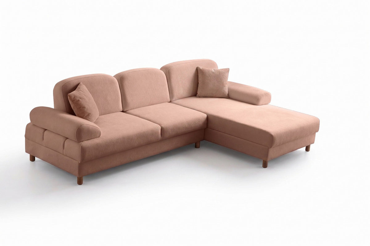 Eck-Schlafsofa Aries in Altrosa mit Coco-Boucle-Stoffbezug, Holzbeinen und ausklappbarer Liegefläche, rechte Ausführung.