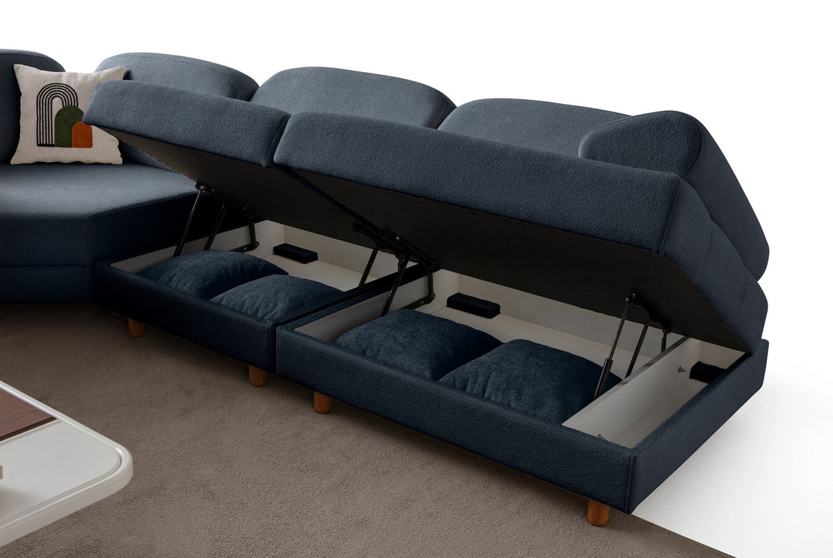 Marineblaues Eck-Schlafsofa Aries Modular M von Hanah Home mit Coco-Boucle-Stoffbezug, Holzbeinen und ausklappbarer Liegefläche.