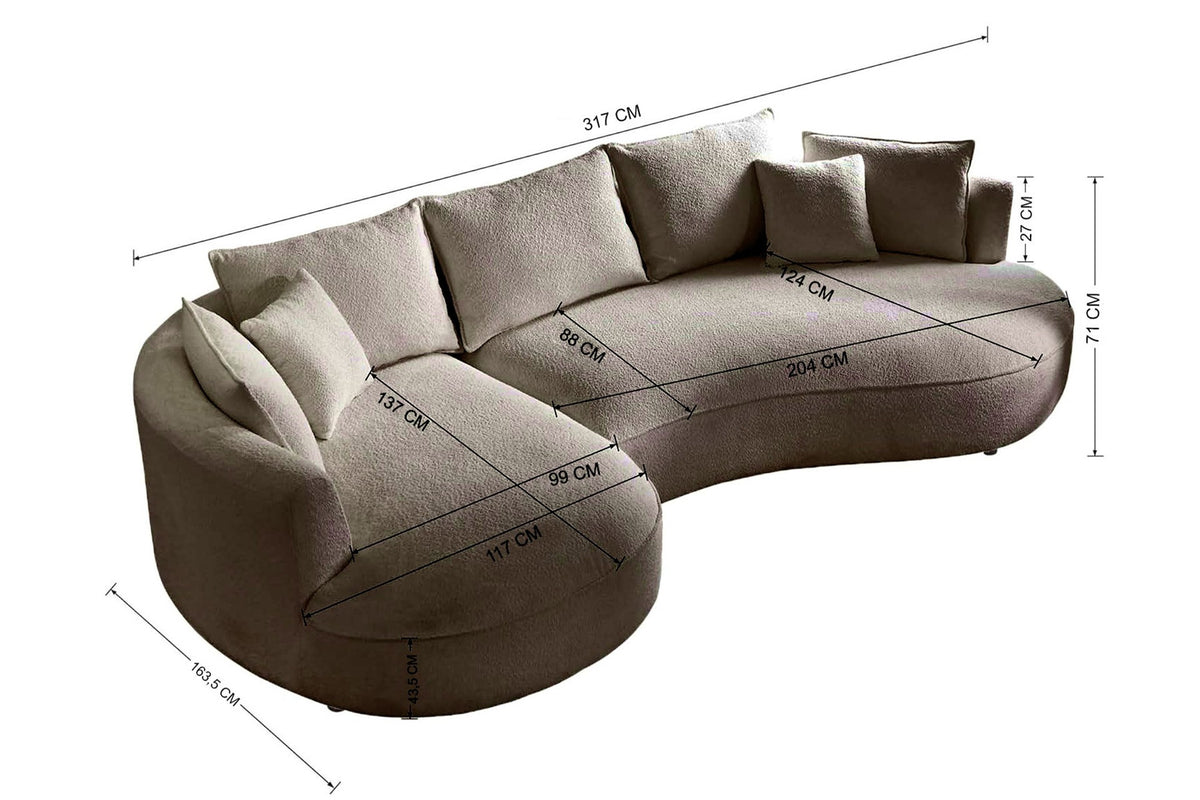 Ecksofa links in Farbe Mink mit Boucle-Stoffbezug, Kunststoffbeinen und sieben Kissen, Grundriss L-Form, Sitztiefe 88 und 124 cm.