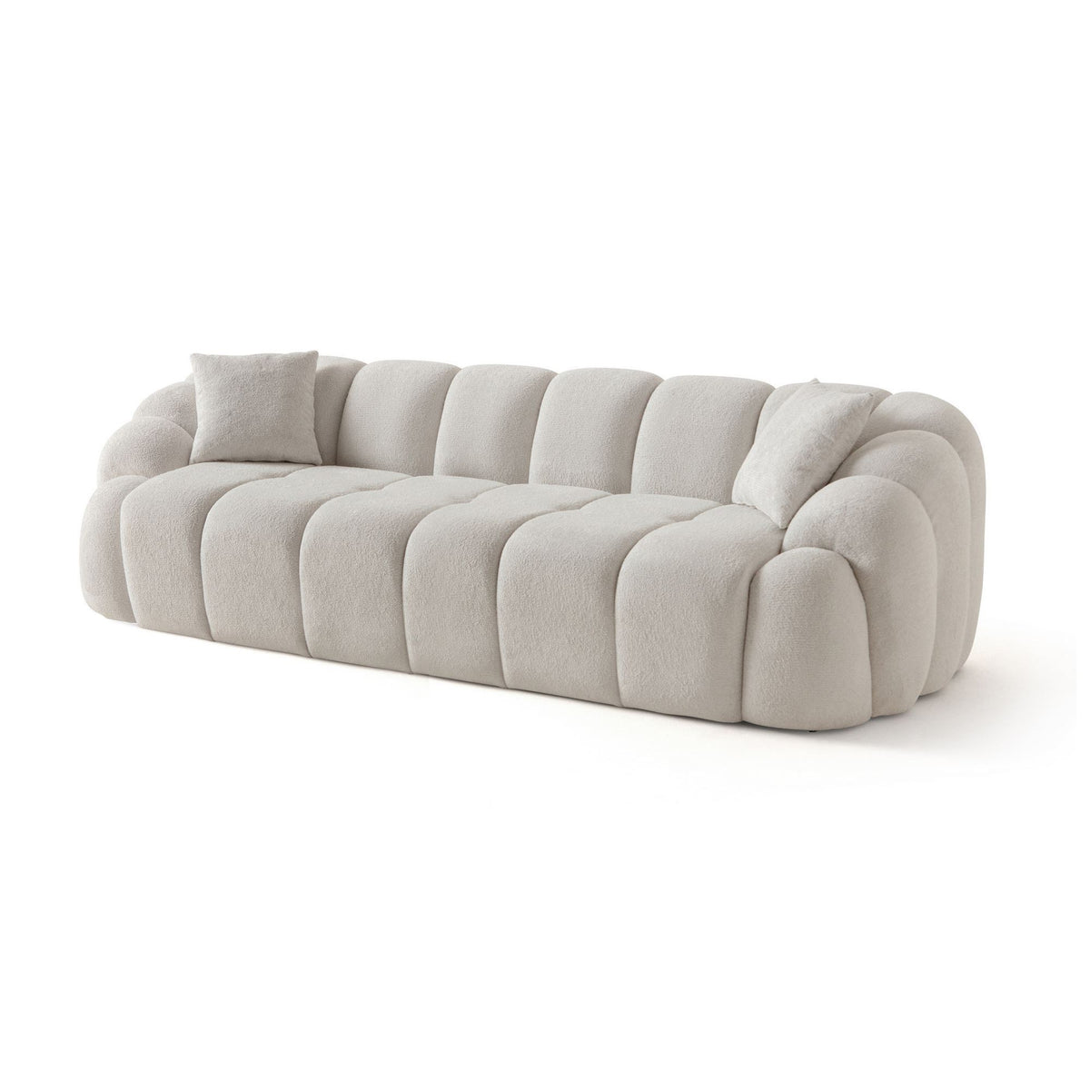Weisses 4-Sitzer Sofa Octavio von Hanah Home mit Polyesterbezug, Kunststoffbeinen und abnehmbarem Rückenkissen, Frontalansicht.