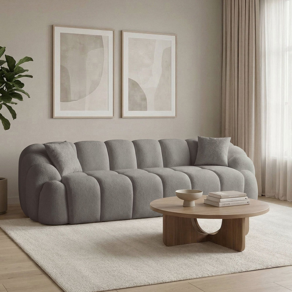 Graues 4-Sitzer Sofa Octavio von Hanah Home mit Polyester-Bezug, Holzgestell und abnehmbarem Rückenkissen, Ansicht von vorne.