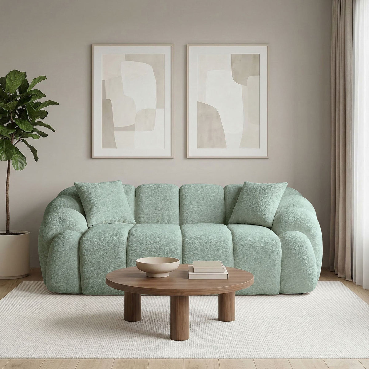 Türkisfarbenes 2-Sitzer Sofa Octavio mit Polyesterbezug, Hainbuche-Gestell und Kunststoffbeinen, zwei Kissen.