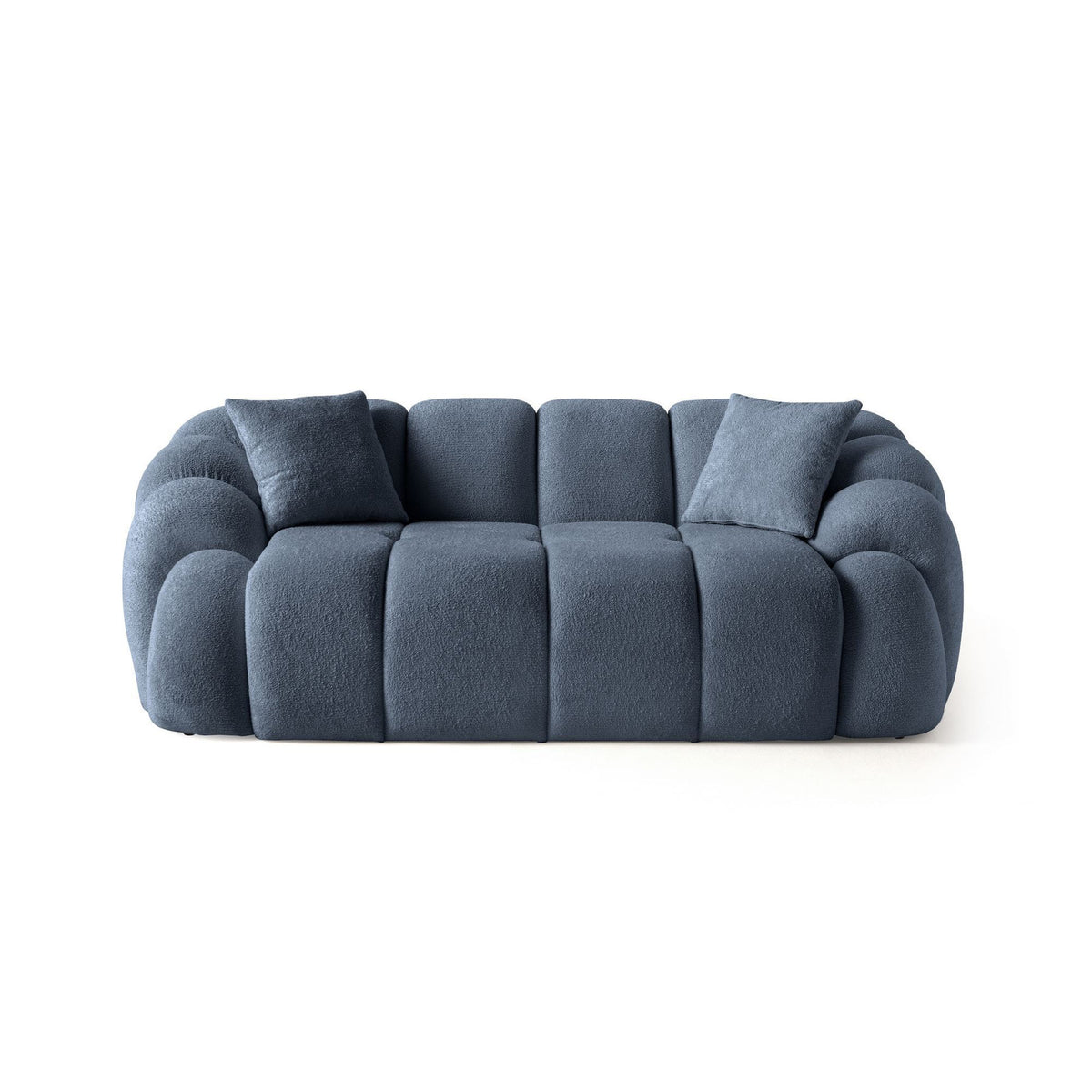 Marineblaues 2-Sitzer Sofa Octavio von Hanah Home mit Polyesterbezug, Kunststoffbeinen und abnehmbarem Rückenkissen auf hellem Hintergrund.