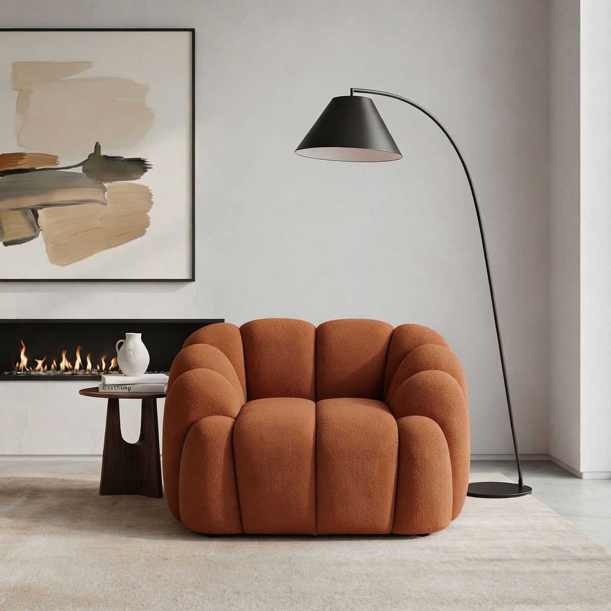 Einsitzer-Sofa Octavio in Ziegelrot mit Polyesterbezug, Kunststoffbeinen und abnehmbarem Rückenkissen, Gestell aus Hainbuche und Spanplatte.