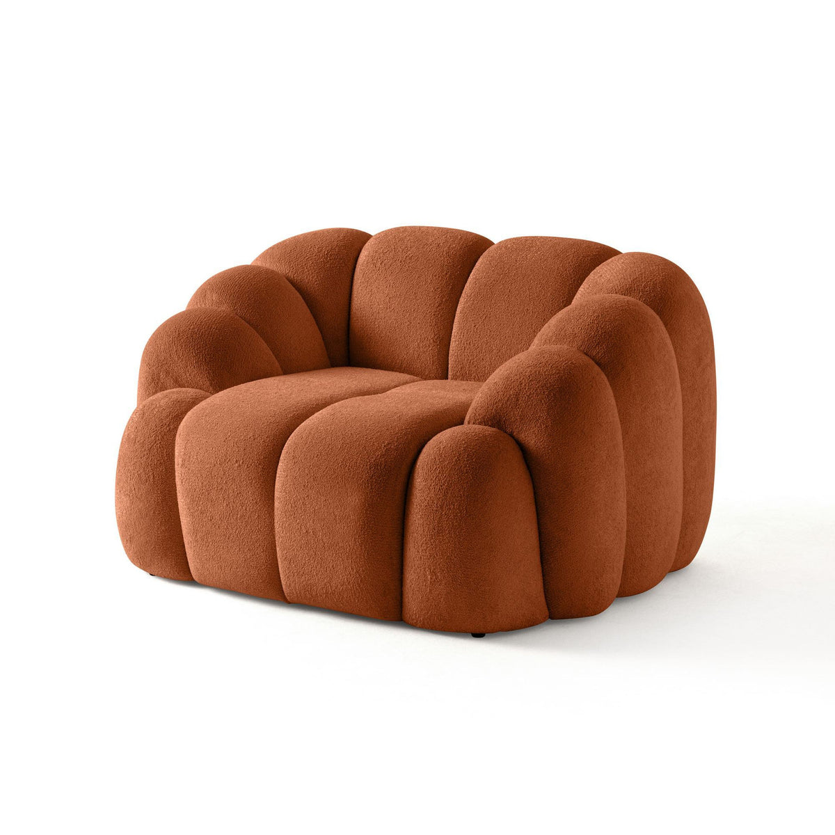 Einsitzer-Sofa Octavio in Ziegelrot mit Polyesterbezug, Kunststoffbeinen und abnehmbarem Rückenkissen, Gestell aus Hainbuche und Spanplatte.
