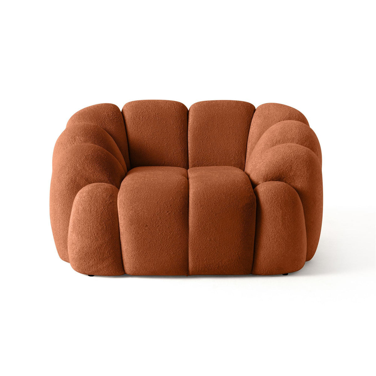 Einsitzer-Sofa Octavio in Ziegelrot mit Polyesterbezug, Kunststoffbeinen und abnehmbarem Rückenkissen, Gestell aus Hainbuche und Spanplatte.