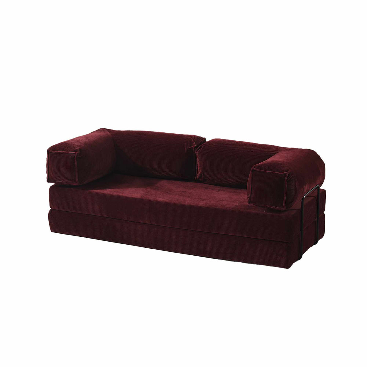 Zweisitzer-Schlafsofa in Bordeauxrot aus Polyester und Leinen mit Eisenstützstreben, Sitzhöhe 36 cm, Masse 160 x 80 x 66 cm.