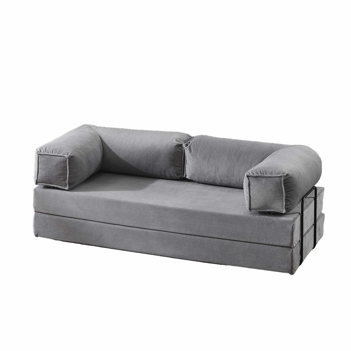 Silbernes 2-Sitzer Schlafsofa Kanepe 160 von Hanah Home aus Polyester und Leinen, mit Eisenstützstreben und rutschfester Sohle.