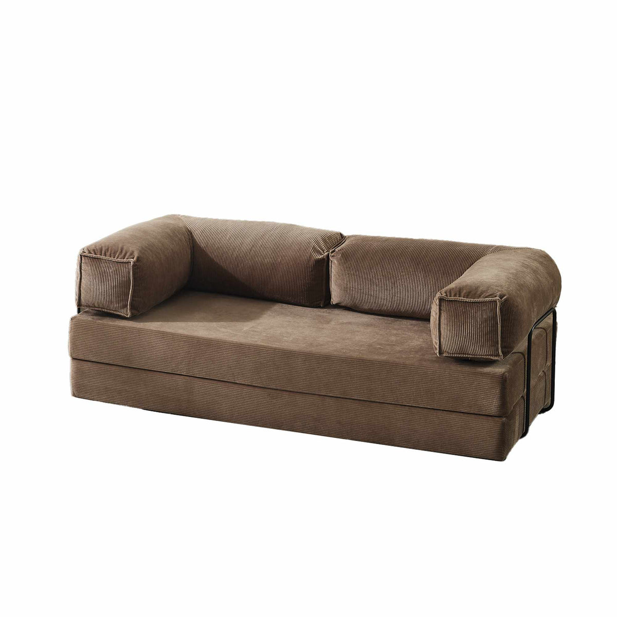 2-Sitzer Schlafsofa Kanepe 160 von Hanah Home in Nerz-Farbton, Bezug aus Polyester und Leinen, Metallgestell mit Stützstreben