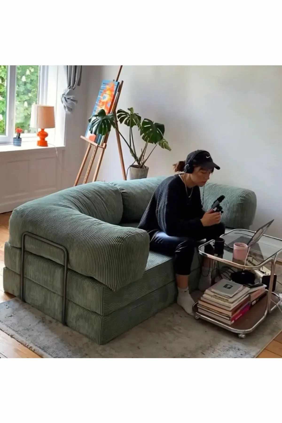 Grünes 2-Sitzer Schlafsofa Kanepe 160 aus Polyester und Leinen mit Eisengestell, Sitzhöhe 36 cm, ausgeklapptes Bett mit 160 x 160 cm.