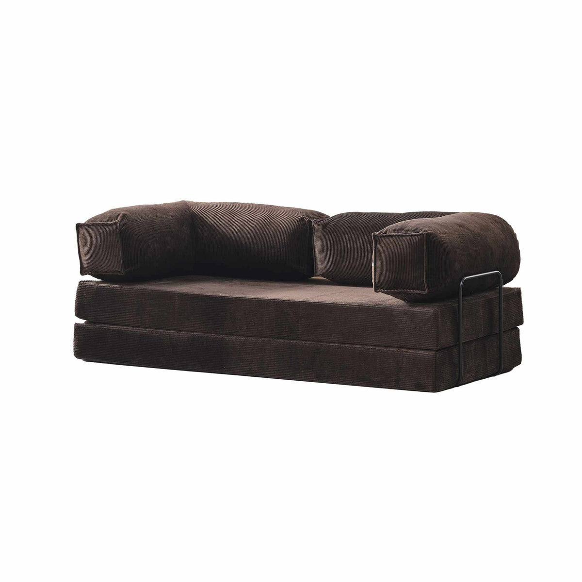 Braunes 3-Sitzer Schlafsofa aus Polyester und Leinen mit Eisenstützstreben, ausgeklappt als Doppelbett 200 x 200 cm.