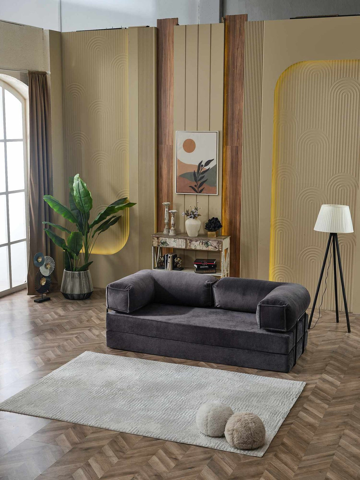 Anthrazitfarbenes 3-Sitzer Schlafsofa aus Polyester-Leinen-Stoff mit Schaumstofffüllung und Eisenstützstreben, Modell Kanepe 200 von Hanah Home.