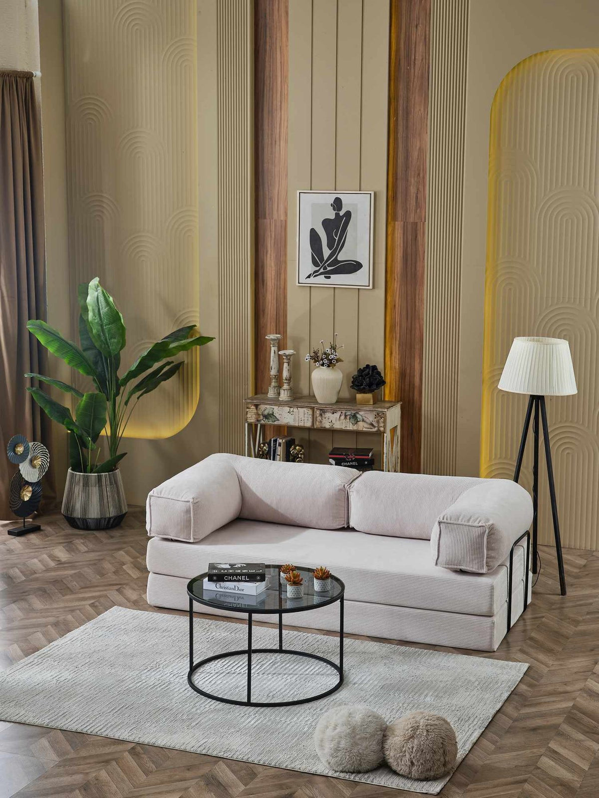 Cremefarbenes 3-Sitzer Schlafsofa aus Polyester und Leinen mit Eisenstützstreben, Sitzhöhe 36 cm, Masse 200 x 90 x 66 cm