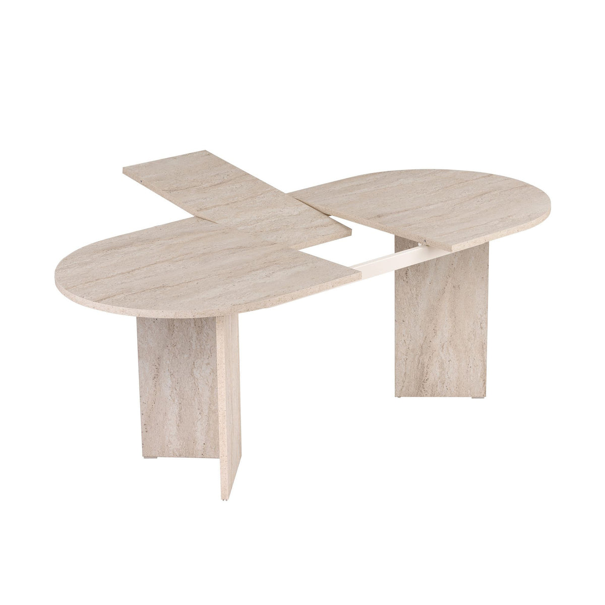 Ausziehbarer Esstisch Sorell von Nordure in Travertin-Farbe mit Metallgestell, Tischplatte aus melaminbeschichteter Spanplatte, Grösse 160x90x75 cm.