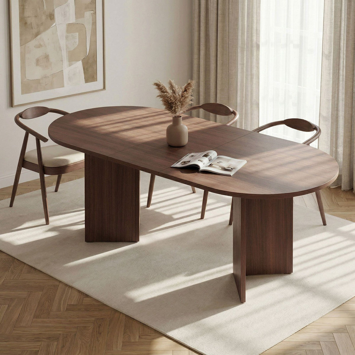 Ausziehbarer Esstisch mit Melamin-Spanplatte in Milano Nussbaum und Metallgestell, rechteckige Form, Grösse 160x90cm, ausgezogen 200cm.