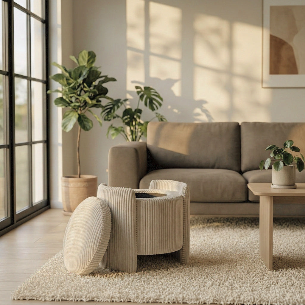 Beiger Sitzhocker Cuddle Pouf von Hanah Home mit Cord-Bezug, abnehmbarem Deckel, sichtbarem Stauraum und Korpus aus Spanplatte und Pappel-Sperrholz.